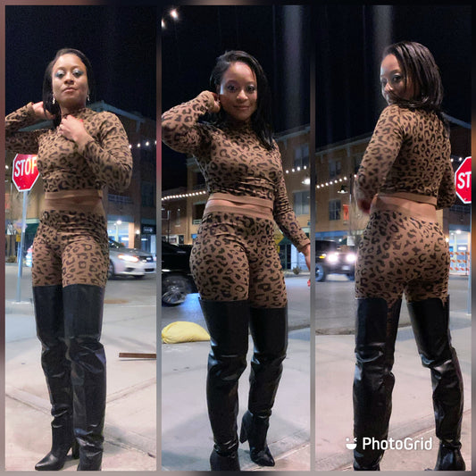 Leopard 2 Piece short set w long sleeve top
