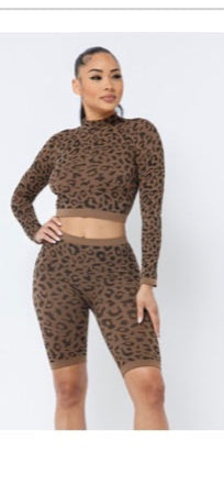 Leopard 2 Piece short set w long sleeve top